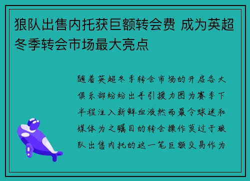 狼队出售内托获巨额转会费 成为英超冬季转会市场最大亮点 狼队出售内托获巨额转会费 成为英超冬季转会市场最大亮点