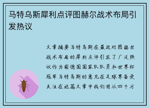 马特乌斯犀利点评图赫尔战术布局引发热议